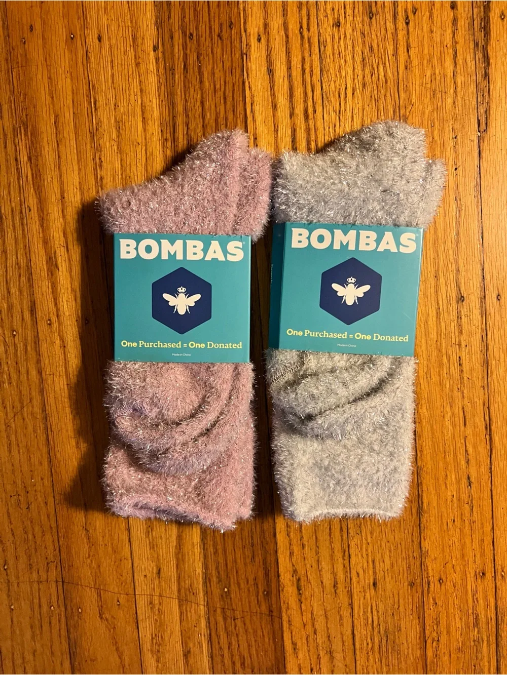 Bombas Women’s Fuzzy Calf Socks in Pink and Light Gray (2 pairs)